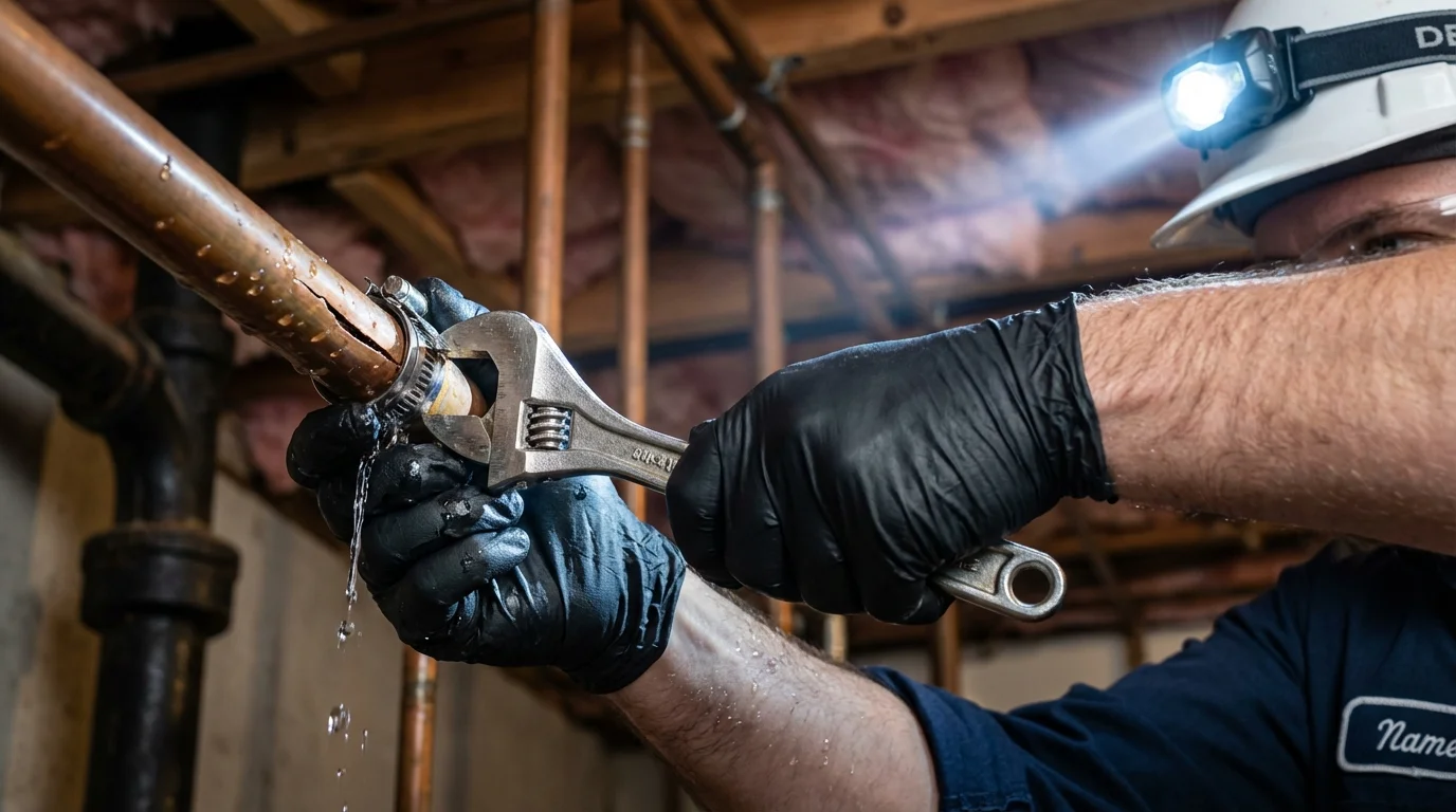 Emergency pipe clamp repair being performed by a Johns Plumbing LLC plumber in Richlands