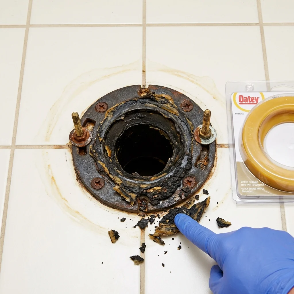 Failed wax ring showing water seepage at the base of a toilet in a Richlands, NC home